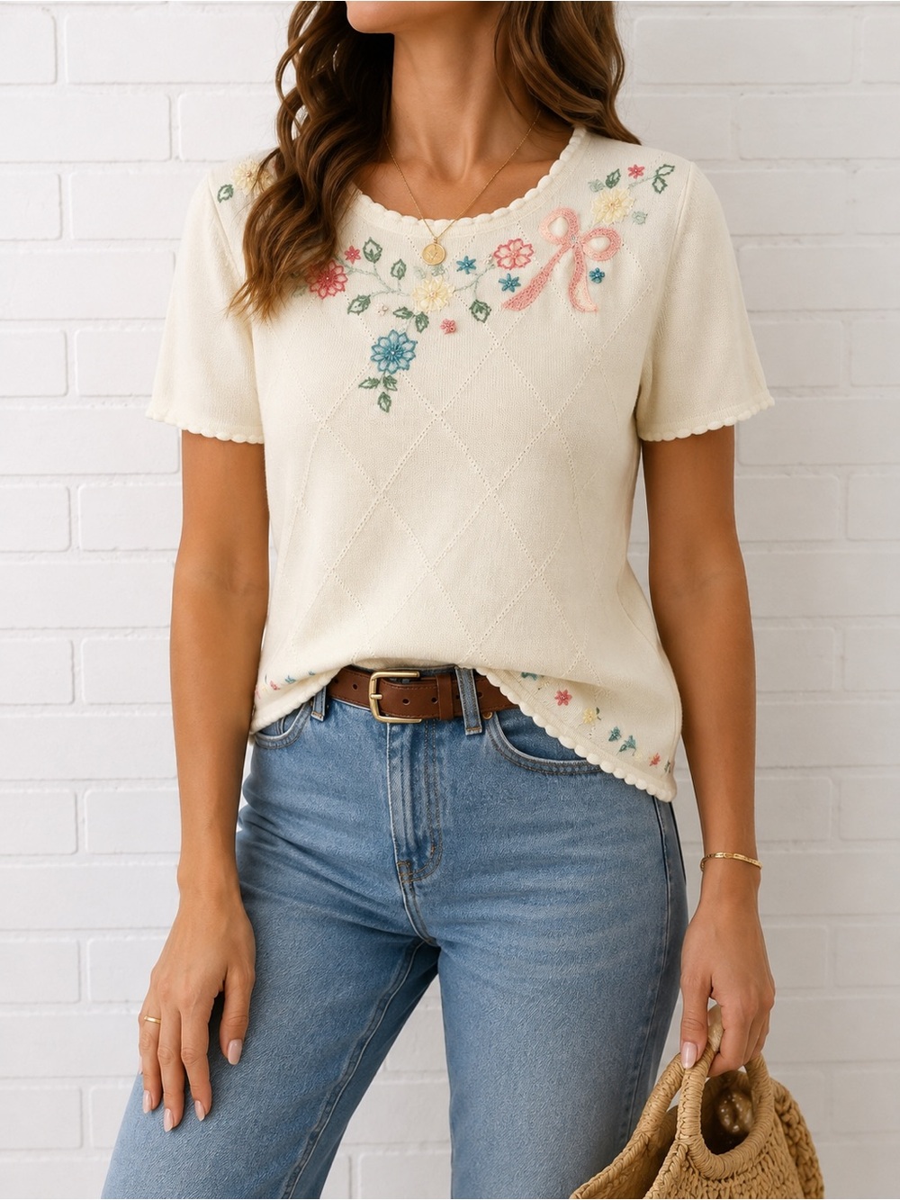 Vintage Alfred Dunner Petite S Cotton Knit Cottagecore Floral Embroidered Top